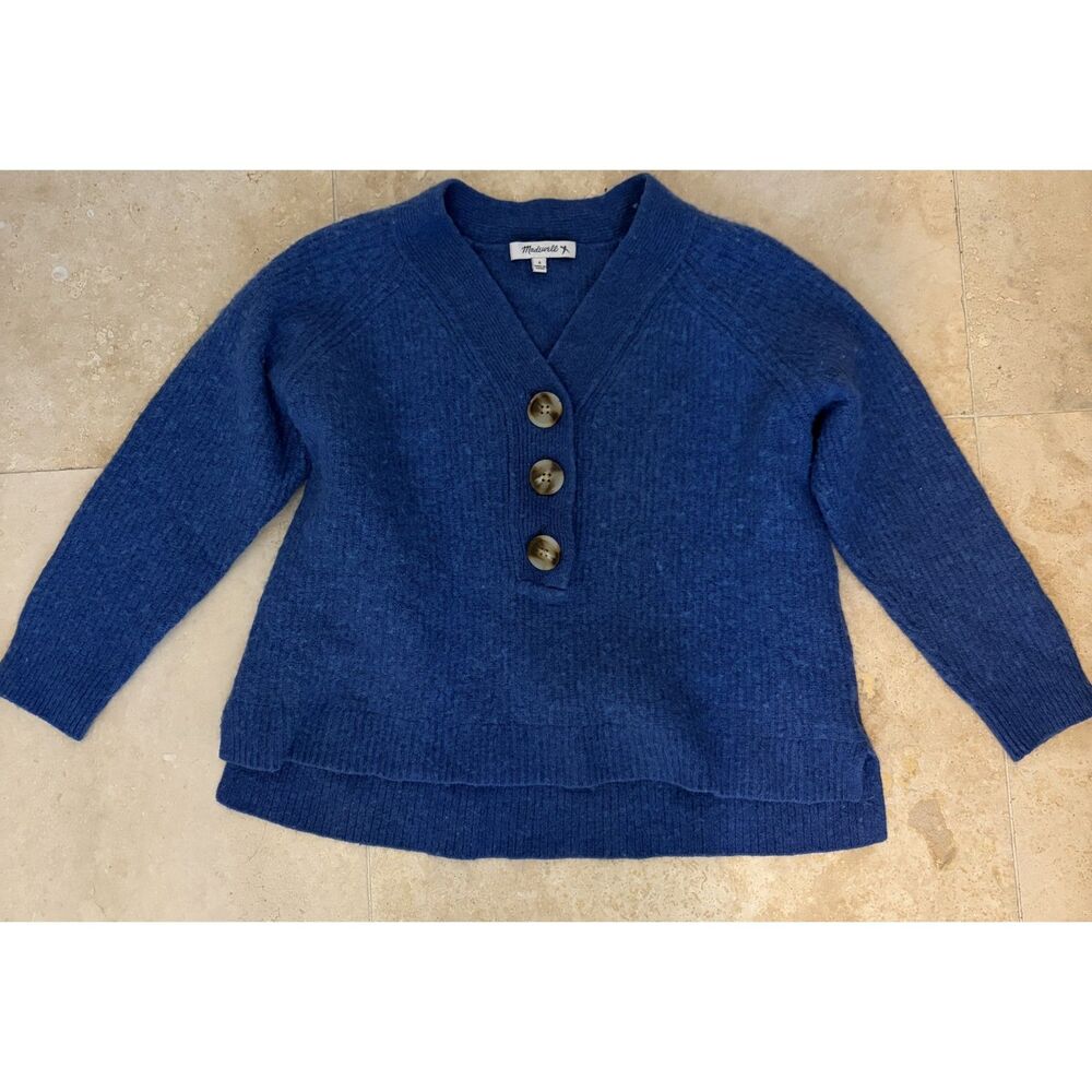 Madewell Lyle Ribbed Merino Wool Women's Blue Button-Up Sweater V-neck Sz